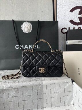 CHANEL Lambskin Mini Flap Gold Ball Crossbody Bag Black